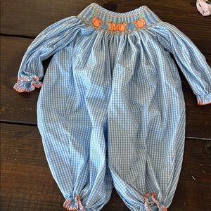Blue Gingham Baby Romper with pumpkins